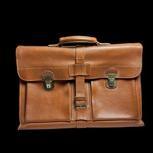 Vintage Pebble Grain Leather Briefcase Tan Brown Buckle Strap Document Bag